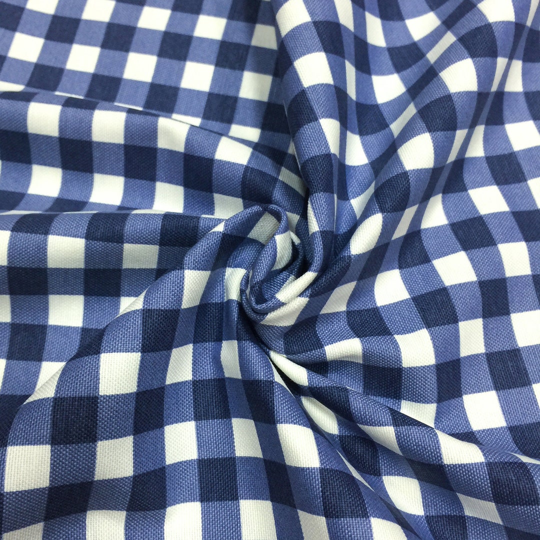 Navy Blue Gingham Check Fabric, Square Plaid Water Resistant Cotton