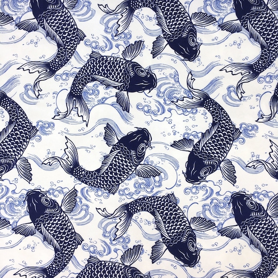 Navy Koi Fish Upholstery Fabric, Nautical Marine Fish Print Home