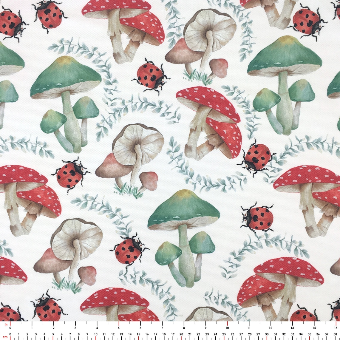 Mushroom Fabric by the Yard Red Green Botanical Fungus Etsy