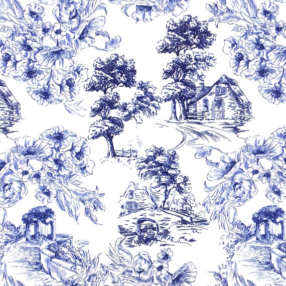 Tissu d'ameublement Toile de Jouy par mètre, bleu marine paysage