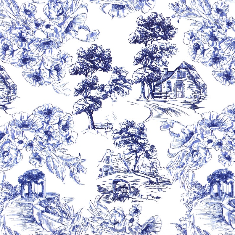 Toile de Jouy Upholstery Fabrics by the Yard, Scenery Landscape Painting Print Home Decor Drapery Sofa Chair Furniture Upholstery Fabric Navy