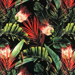 Tropical Upholstery Fabric by the Yard, Botanical Exotic Leaves on Black Digital Printed Home Textile Sofa Chair Bench Furniture Fabric