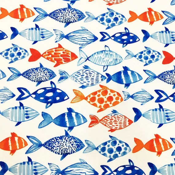 Watercolor Fish Fabric by the Yard, Blue Orange Fish Print
