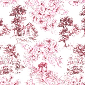 Toile de Jouy Upholstery Fabrics by the Yard, Scenery Landscape Painting Print Home Decor Drapery Sofa Chair Furniture Upholstery Fabric Burgundy