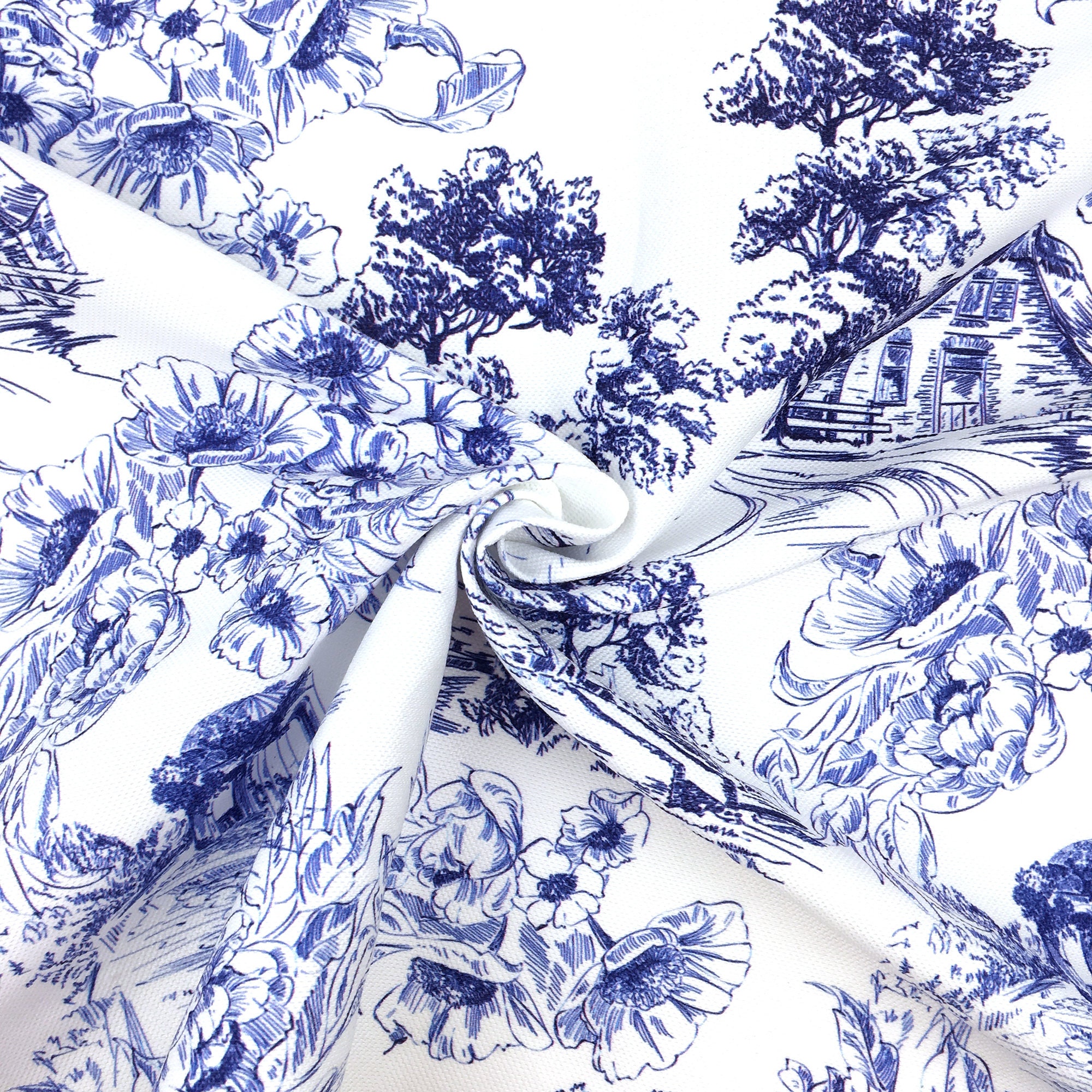 Toile De Jouy Upholstery Fabric by the Yard Navy Scenery 