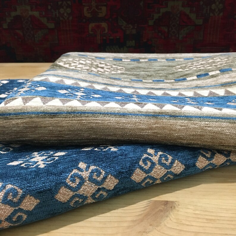 Upholstery Kilim Fabric by the Yard Blue Ethnic Turkish Etsy