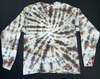 Large Long-Sleeve Earthy Tie dye t-shirt, professional quality handmade tiedye, Size L ice dyed boho hippie festival top, ready to ship