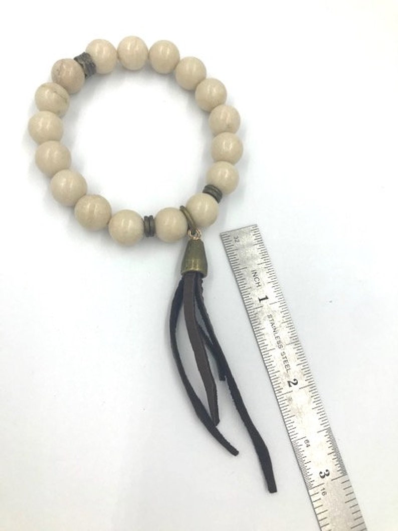Stretchy Bracelet with Natural Gemstone and Leather Tassel