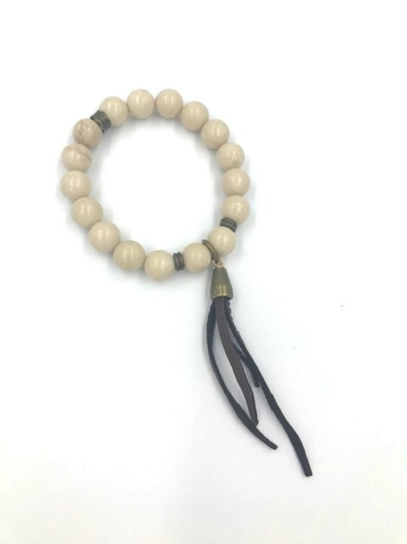 Stretchy Bracelet with Natural Gemstone and Leather Tassel