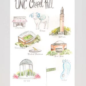 May include: Watercolour illustration of landmarks and symbols associated with the University of North Carolina at Chapel Hill, including the Old Well, the Bell Tower, the Ram mascot, and the phrase "UNC Chapel Hill".