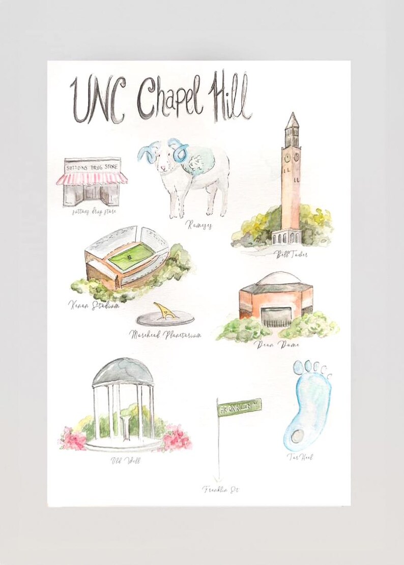 May include: Watercolour illustration of landmarks and symbols associated with the University of North Carolina at Chapel Hill, including the Old Well, the Bell Tower, the Ram mascot, and the phrase "UNC Chapel Hill".