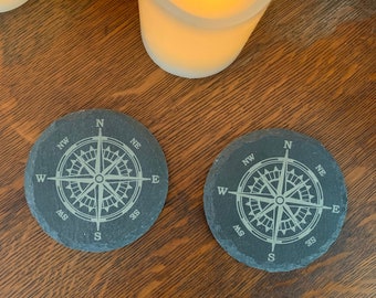 Compass Rose Engraved Slate Coaster