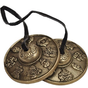 7 metal Tibetan Tingsha Cymbals - Lucky Symbols Embossed, handmade, ceremony, sound healer, meditation, altar, shamanic, ceremony