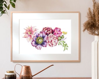 flowers watercolor art print, floral artwork, Flower wall decor, floral print,