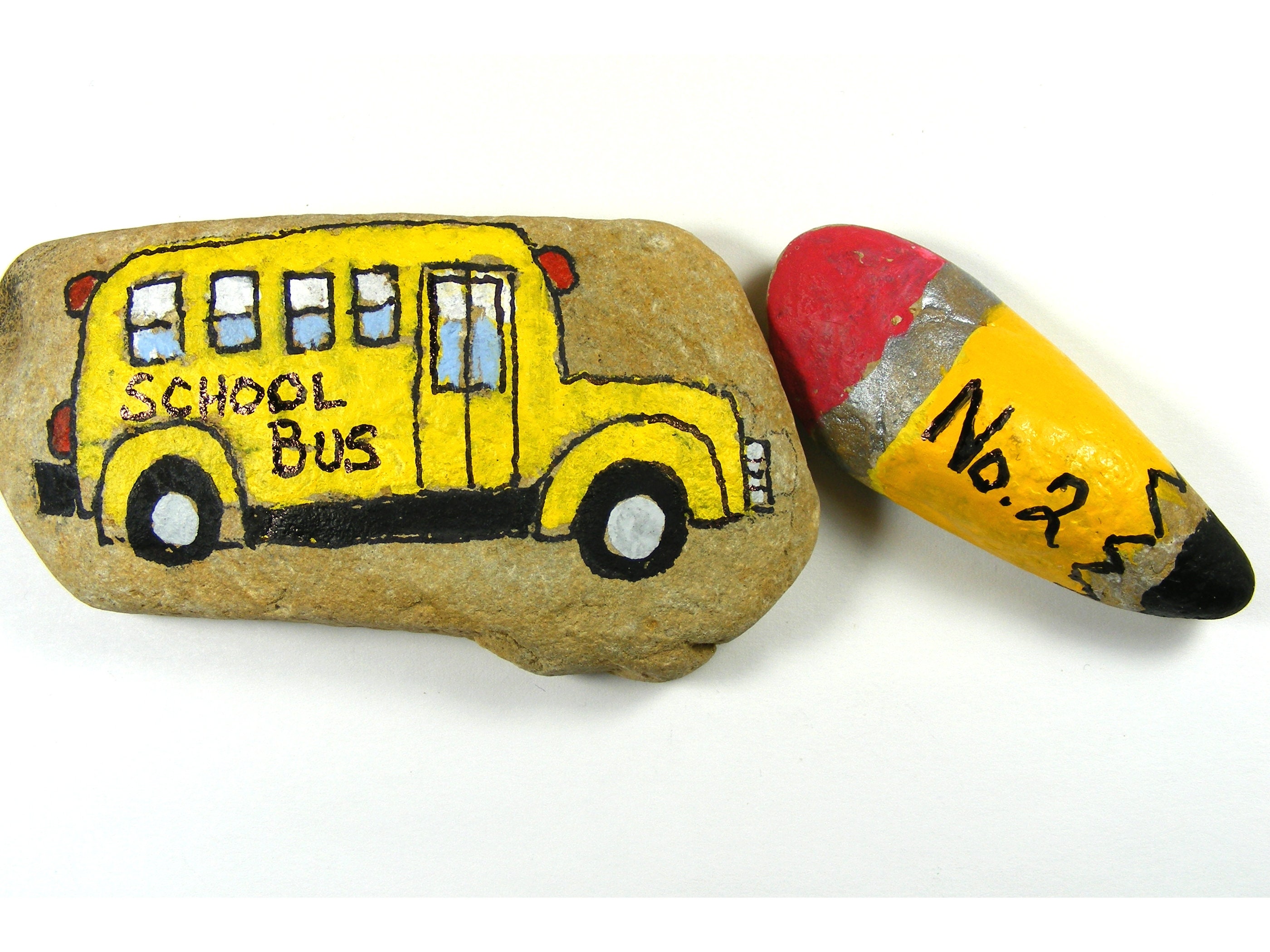 School Bus Painted Rock With Pencil Painted Rock Painted Etsy