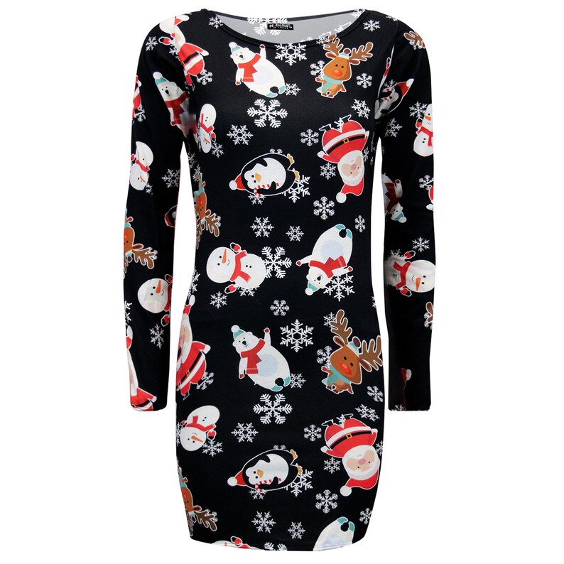 Ladies Christmas Bodycon Womens Xmas Santa Reindeer Rudolph Snowflake Mini Dress