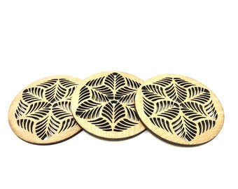 FLORA - Lasercut wooden geometric coasters - set of 3 or 6 pcs, Housewarming gift