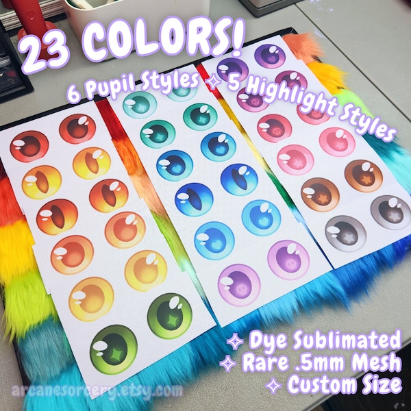 23 COLORS! Dye Sublimated Premade Fursuit Eyes RARE .5mm PVC Mesh Customizable | permanent, durable, waterproof, smudge proof