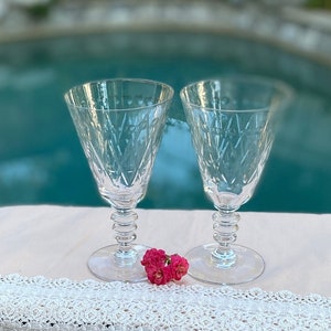 Etched Crystal Wine Goblets - Set of Two Elegant Vintage Barware