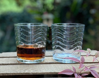 Set of 2 Clear Glasses, Water Waves Design, Pair of Tumblers, Double Old Fashioned Drinware, Cocktail Glassware, Drink and Barware, Brandy