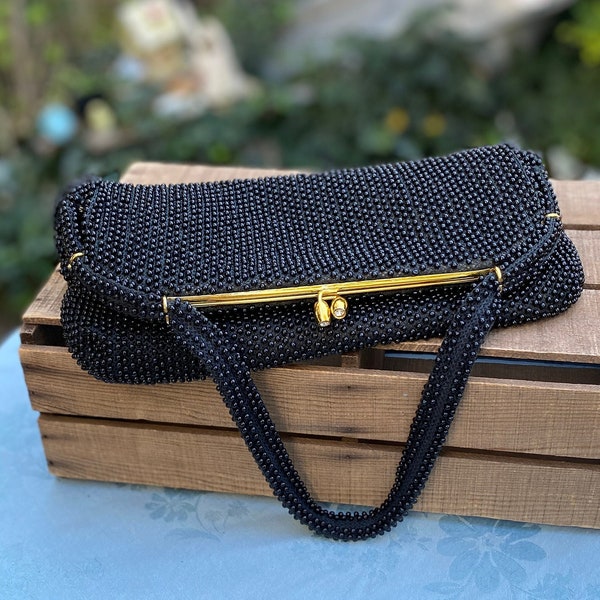 Vintage Black Beaded Handbag/Purse, Lumured Corde' Bead, Womans Accesories, Gold Jewel Kiss Clasp, Formal Purse, Clutches, Evening Bag, Gift