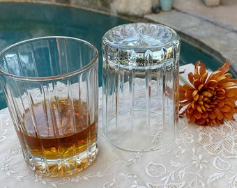 2 Vintage Glasses, Clear Double Old Fashioned Barware, Pair of Tall Lowball Glassware, Cocktail/Water Glasses, Whiskey, On the Rocks Glass