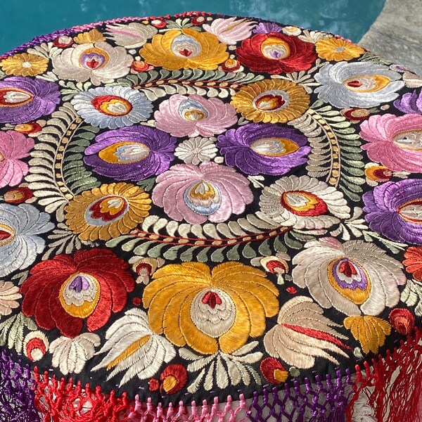 Vintage Silk Embroidered Fringed Round Tablecloth, Matyo Hungarian Folk Hand Embroidery, Ornamental Table Cover,