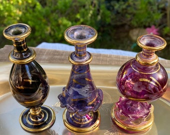 Vintage Colored 3Perfume Bottles, Purple, Burgundy Egyptian Bottles, Royal Limited, Gold Accent, Gift for Her, Vanity Display, Genie Bottles