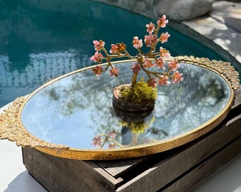 Vintage Rose Mirrored Vanity Tray, Gold Plated Ornate Dresser Accessory, Hollywood Regency Mirror