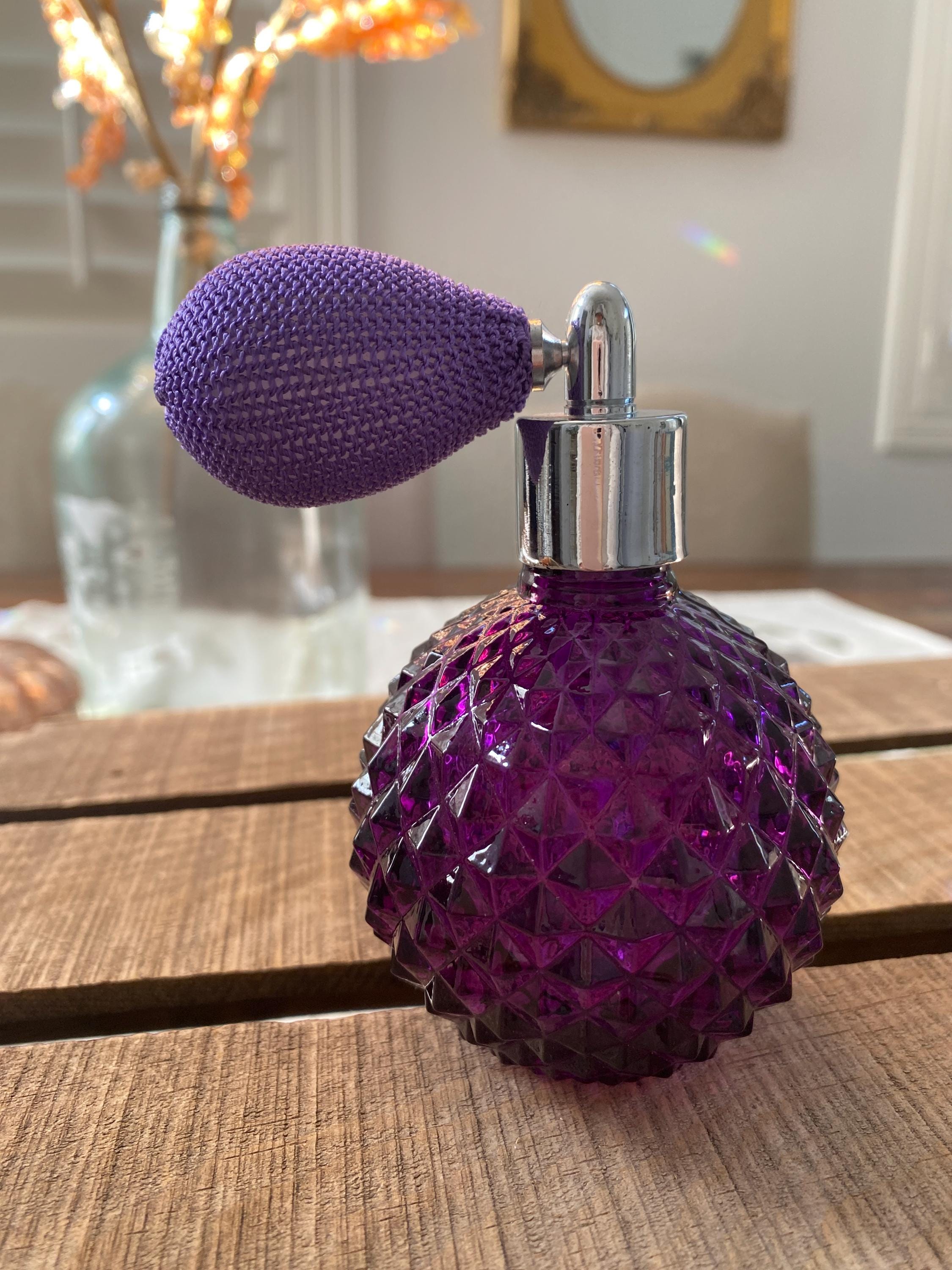 Vintage Round Purple and Silver Perfume Atomizer Spray Glass