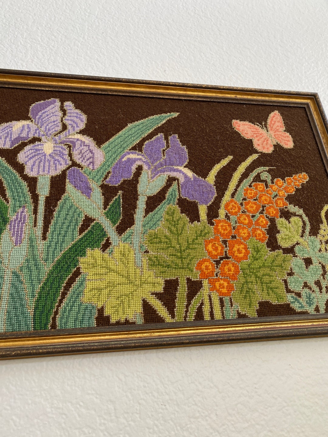 Vintage Framed Needlepoint Floral Botanical Artwork, 16" X 23" Handmade ...