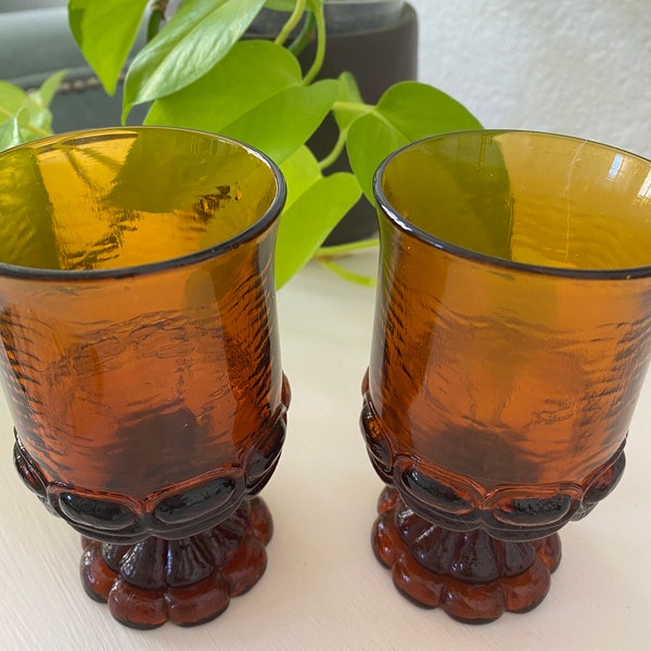Vintage Set of 2 Amber Glasses, Tiffin Franciscan Madeira, Wine, Water Goblets, Pedestal Glassware, Kitchen Serving Ware, Cocktail, Barware
