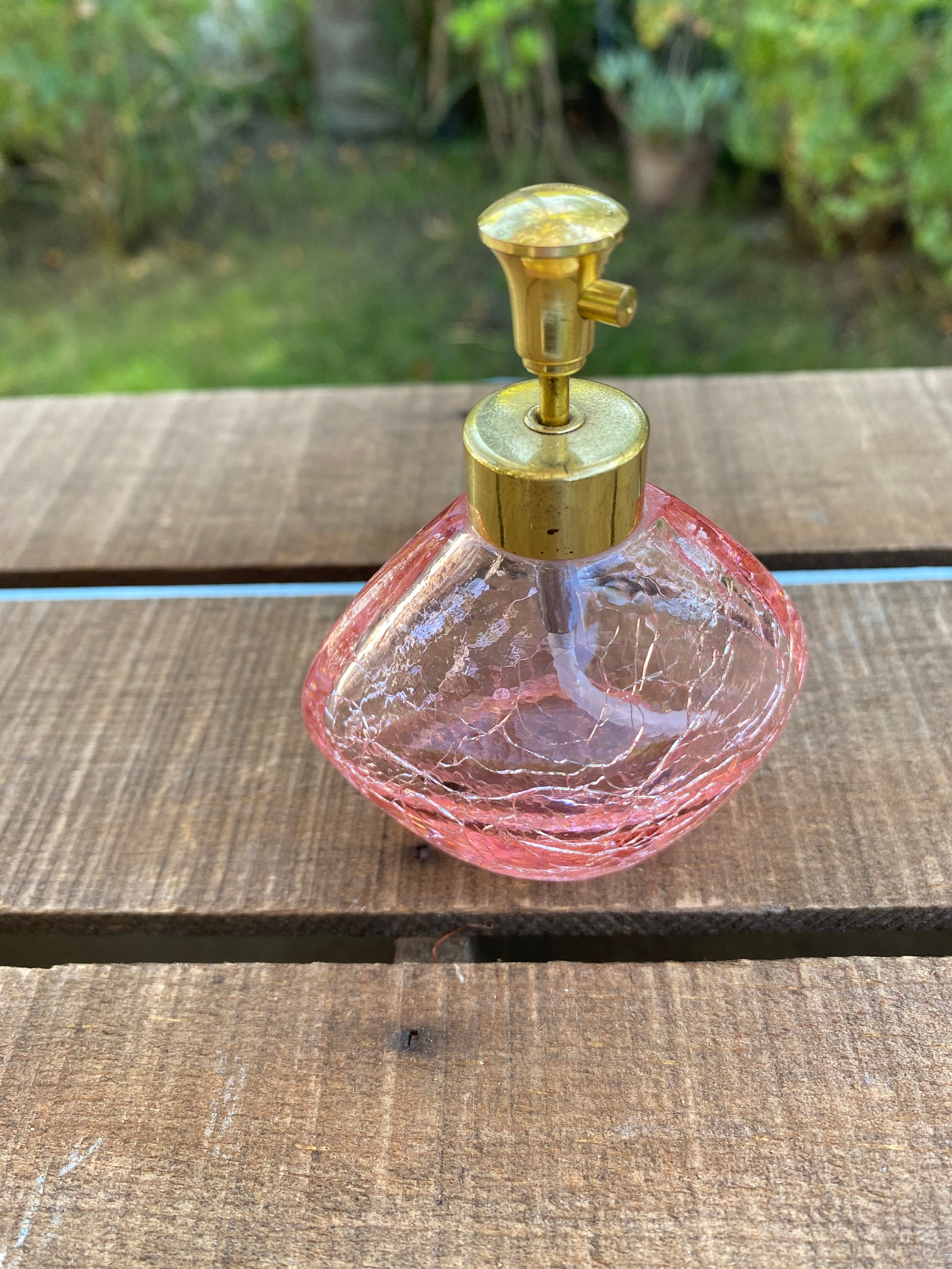 Vintage Pink Rice Perfume Bottle, Crackle Glass Bottle, Gold Lid