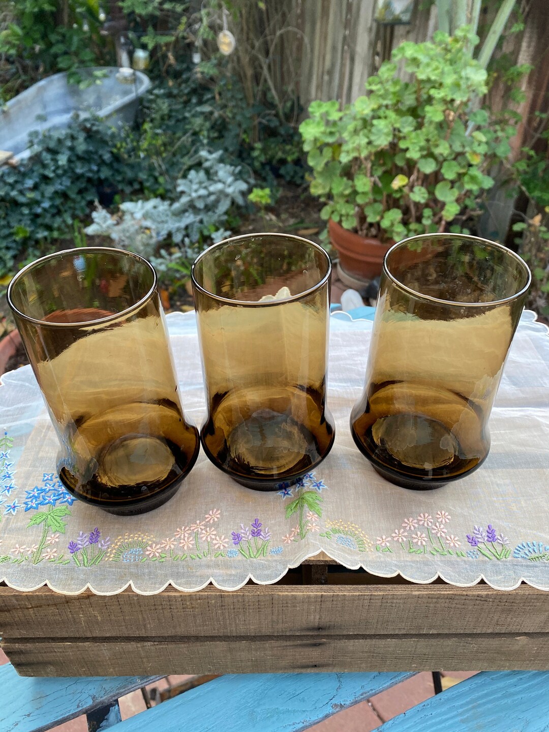 Vintage Amber Tumblers, Set of 3 Tall Smokey Glasses, Libbey Glassware