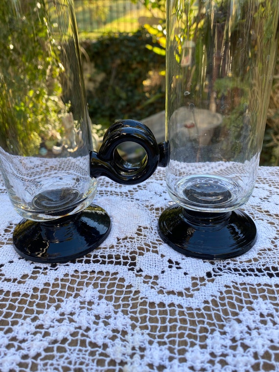 Vintage Set of 2 Drinking Glassware, Clear and Black Pilsner