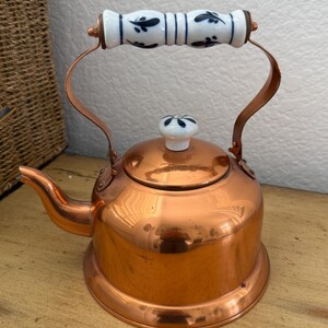 Vintage Copper Tea Kettle, Dutch Style Rustic Kitchen Decor, Ceramic Antique Teapot, Farmhouse Decor