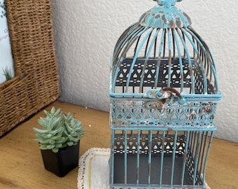 Vintage Metal Birdcage, Distressed Blue Ornate Decor, Candle Holder (14" H x 5" W)