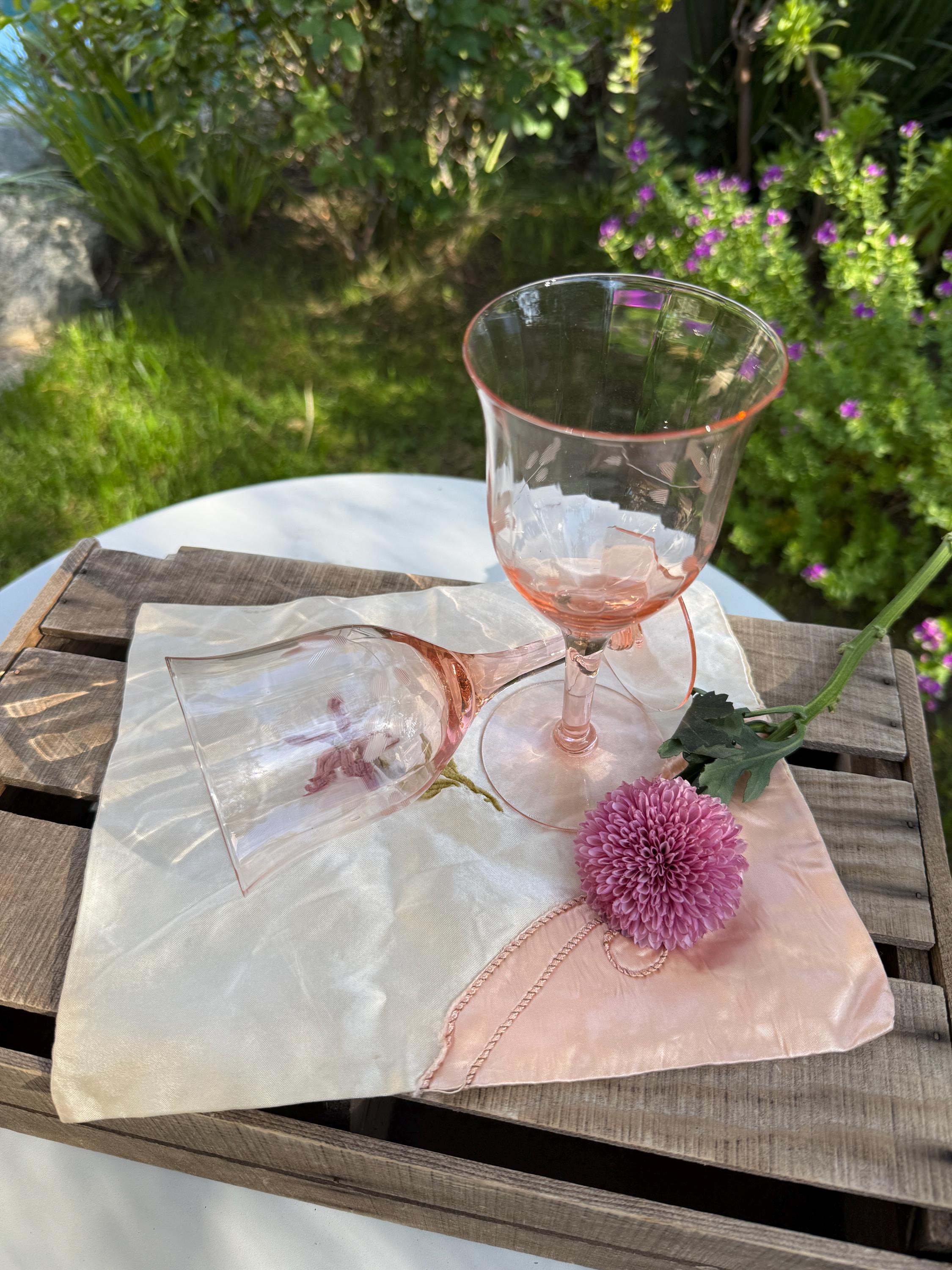 Vintage Pink Depression Glassware Set, Floral Etched Wine Glasses