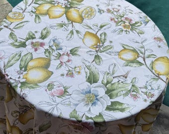 Large Round Tablecloth, Lemons, Bees and Pink Blossoms Pattern, Indoor or Outdoor Spring or Summer