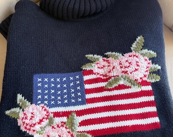 Vintage Cotton Navy American Flag Floral Turtleneck Sweater,