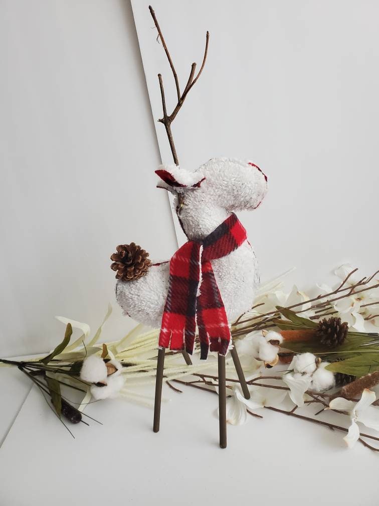 Sherpa Reindeer stuffed white, handmade, similar pottery barn. antlers branches and pinecone tail. Decor table, fireplace & Christmas tree for sale  