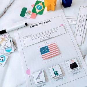Learning Countries and Flags, Around the World Busy Book Page, Learn Flags, Landmarks, Animals and Sports for 10 Countries around the world