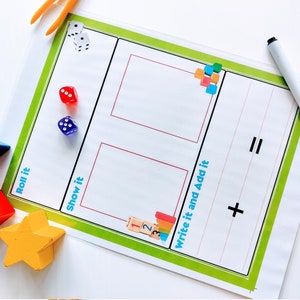 Addition Dice Game Printable, Math Activity for Homeschool Worksheet, Writing Practice and Kindergarten Counting Practice, Number Sense Game 画像 3