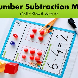 Subtraction Dice Game Printable, Math Activity, Homeschool Worksheet, Writing Practice and Kindergarten Counting Practice, Number Sense Game