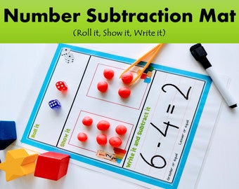 Subtraction Dice Game Printable, Math Activity, Homeschool Worksheet, Writing Practice and Kindergarten Counting Practice, Number Sense Game