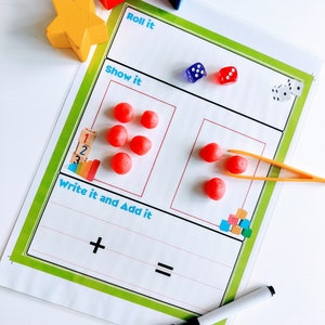 Addition Dice Game Printable, Math Activity for Homeschool Worksheet, Writing Practice and Kindergarten Counting Practice, Number Sense Game 画像 4