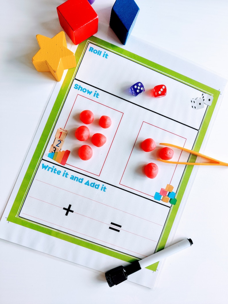 Addition Dice Game Printable, Math Activity for Homeschool Worksheet, Writing Practice and Kindergarten Counting Practice, Number Sense Game 画像 4