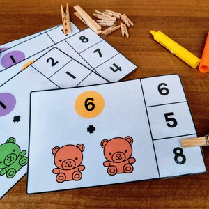 Kindergarten Math Addition Activity, Clip Cards, Task Cards with recording sheet, Preschool Addition Printable, Math Skills Practice Work