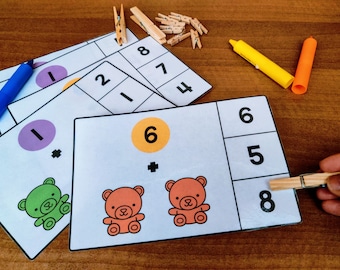 Kindergarten Math Addition Activity, Clip Cards, Task Cards with recording sheet, Preschool Addition Printable, Math Skills Practice Work