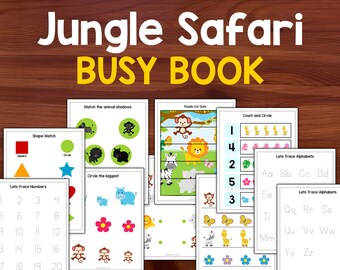 Jungle Theme Busy Book Binder with Logic Activities, Tracing Worksheets and Puzzles for Toddler, Pre-K, Preschool | At Home Learning Book